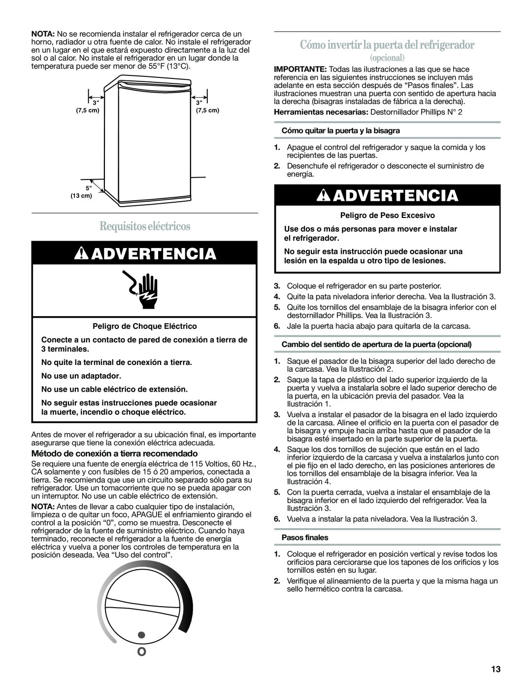 Whirlpool WAR349BSL Requisitos eléctricos, Cómo invertir la puerta del refrigerador, opcional, Peligro de Choque Eléctrico 