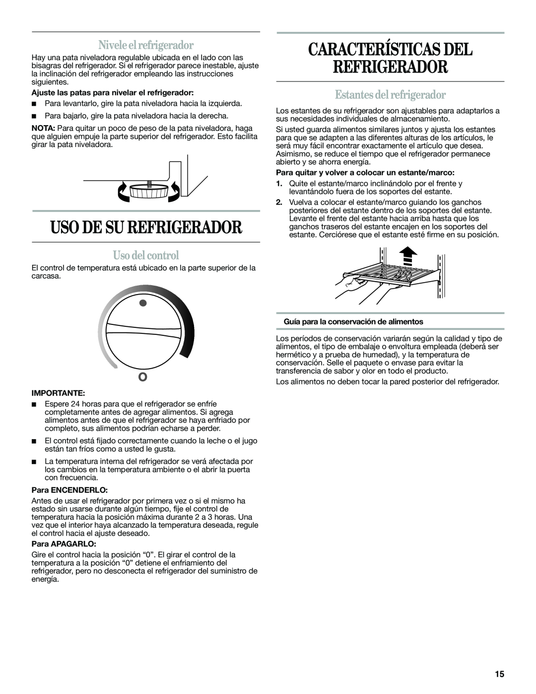 Whirlpool WAR349BSL manual Características Del Refrigerador, Niveleelrefrigerador, Usodelcontrol, Estantesdel refrigerador 