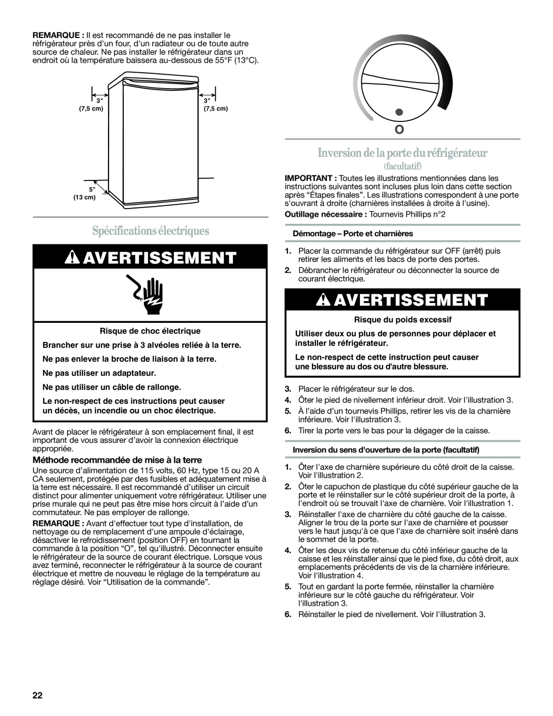 Whirlpool WAR349BSL manual Spécificationsélectriques, Inversion de la porte duréfrigérateur, facultatif, Avertissement 
