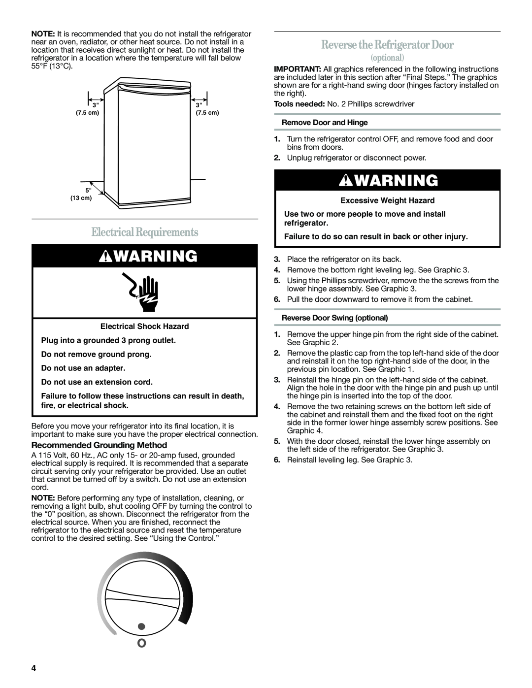 Whirlpool WAR349BSL manual Electrical Requirements, Reverse the Refrigerator Door, optional, Recommended Grounding Method 
