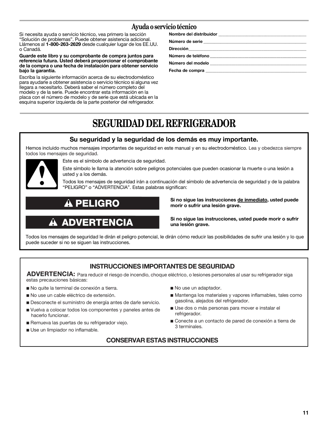 Whirlpool WAR449W manual Seguridad DEL Refrigerador, Ayuda o servicio técnico 