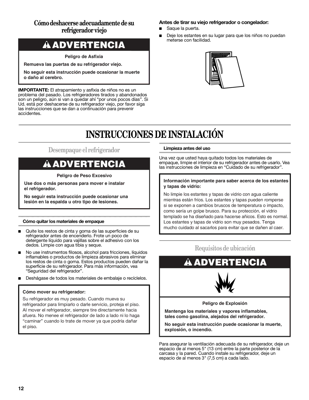 Whirlpool WAR449W manual Instrucciones DE Instalación, Desempaque el refrigerador, Requisitos de ubicación 