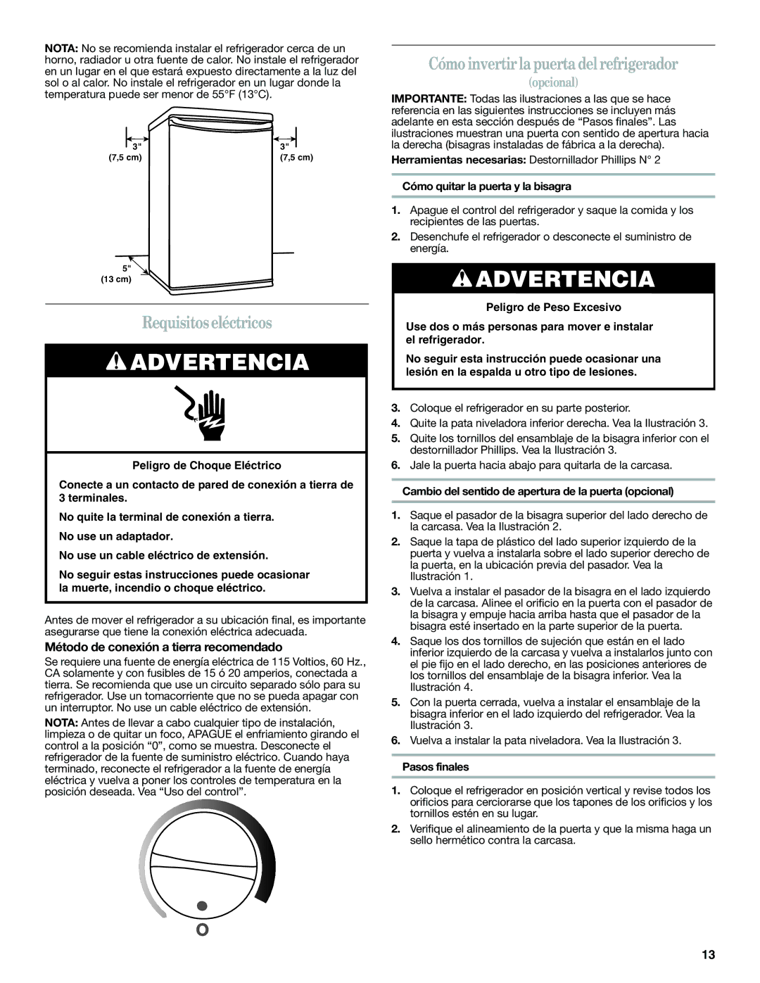 Whirlpool WAR449W Requisitos eléctricos, Cómo invertir la puerta del refrigerador, Método de conexión a tierra recomendado 