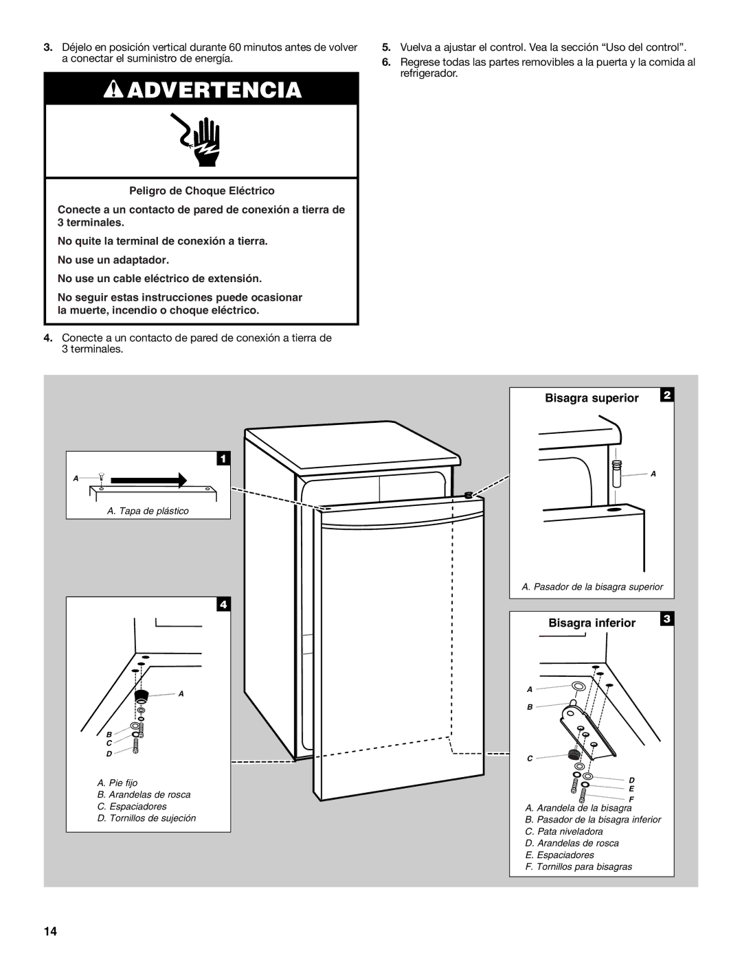 Whirlpool WAR449W manual Bisagra superior 