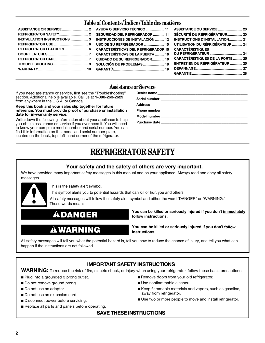 Whirlpool WAR449W manual Refrigerator Safety, Table of Contents/ Índice/ Table des matières 