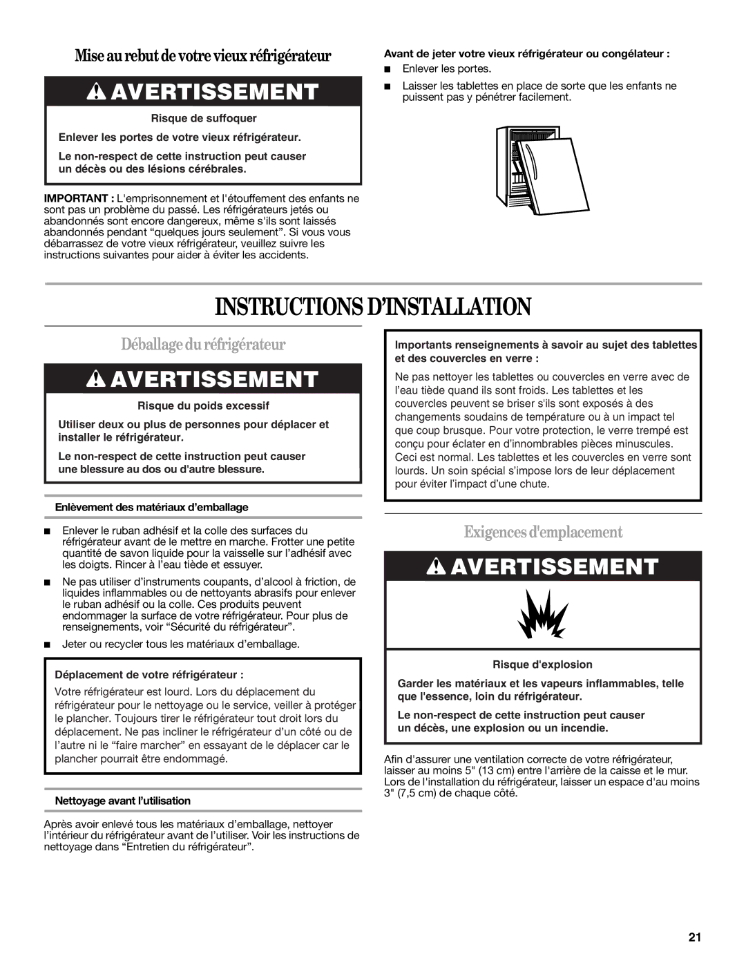 Whirlpool WAR449W manual Instructions D’INSTALLATION, Déballagedu réfrigérateur, Exigences demplacement 