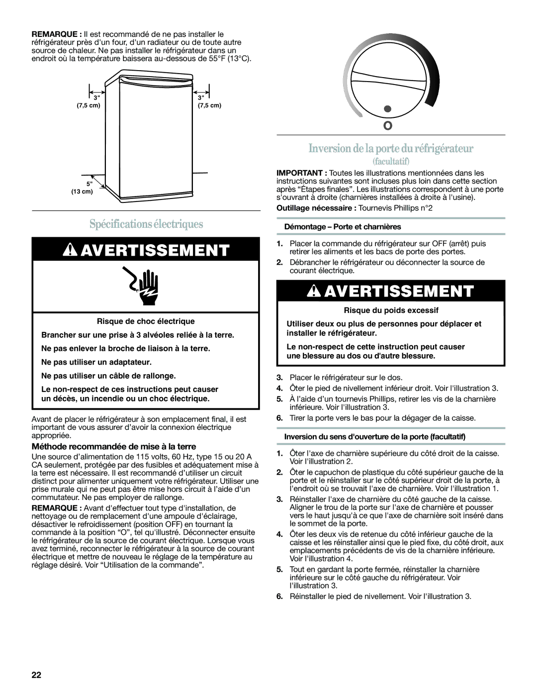 Whirlpool WAR449W Spécificationsélectriques, Inversion de la porte duréfrigérateur, Méthode recommandée de mise à la terre 