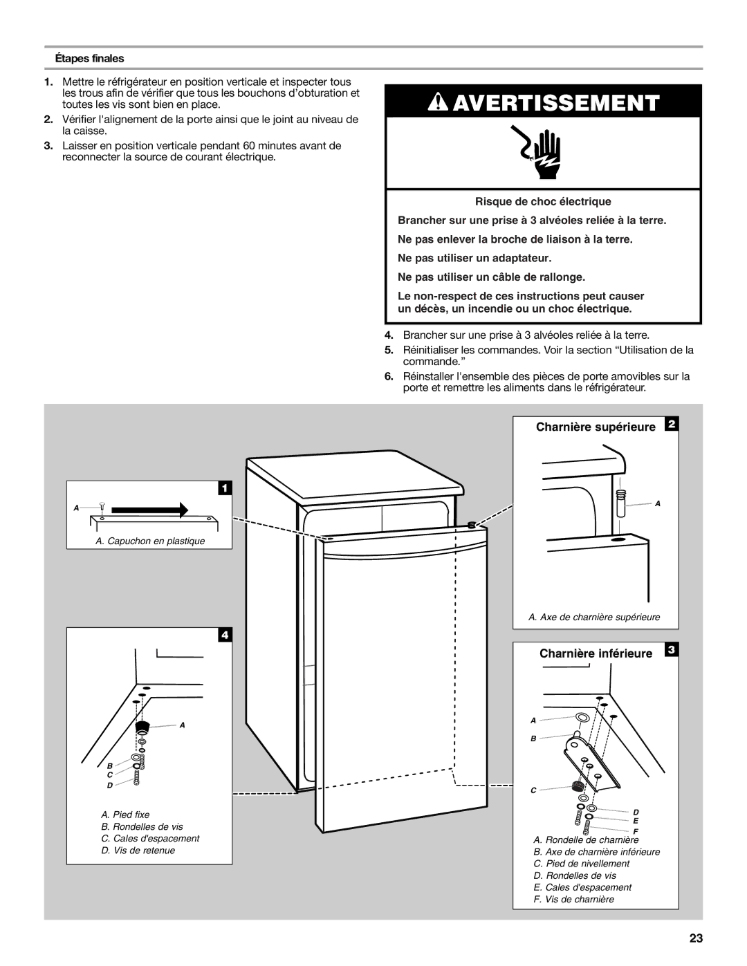 Whirlpool WAR449W manual Charnière inférieure, Étapes finales 