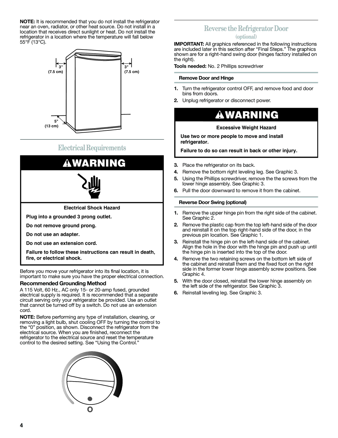 Whirlpool WAR449W manual Electrical Requirements, Reverse the Refrigerator Door, Recommended Grounding Method 