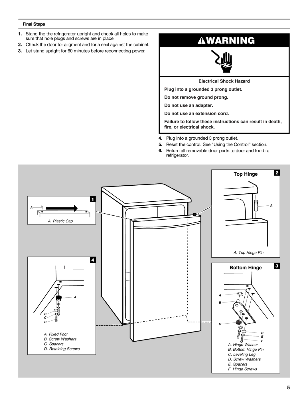 Whirlpool WAR449W manual Bottom Hinge, Final Steps 