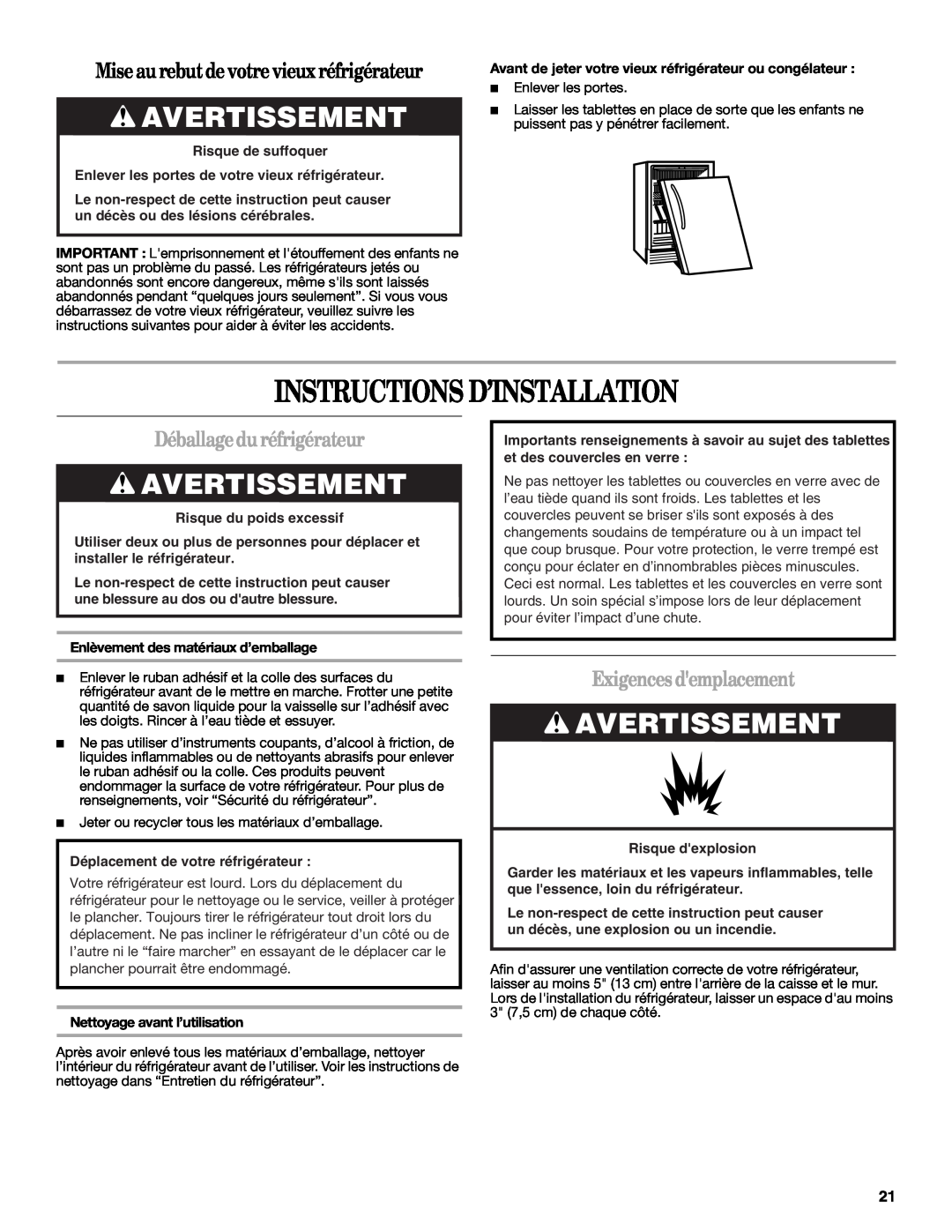 Whirlpool WAR449W manual Instructions D’Installation, Avertissement, Mise au rebutde votre vieux réfrigérateur 