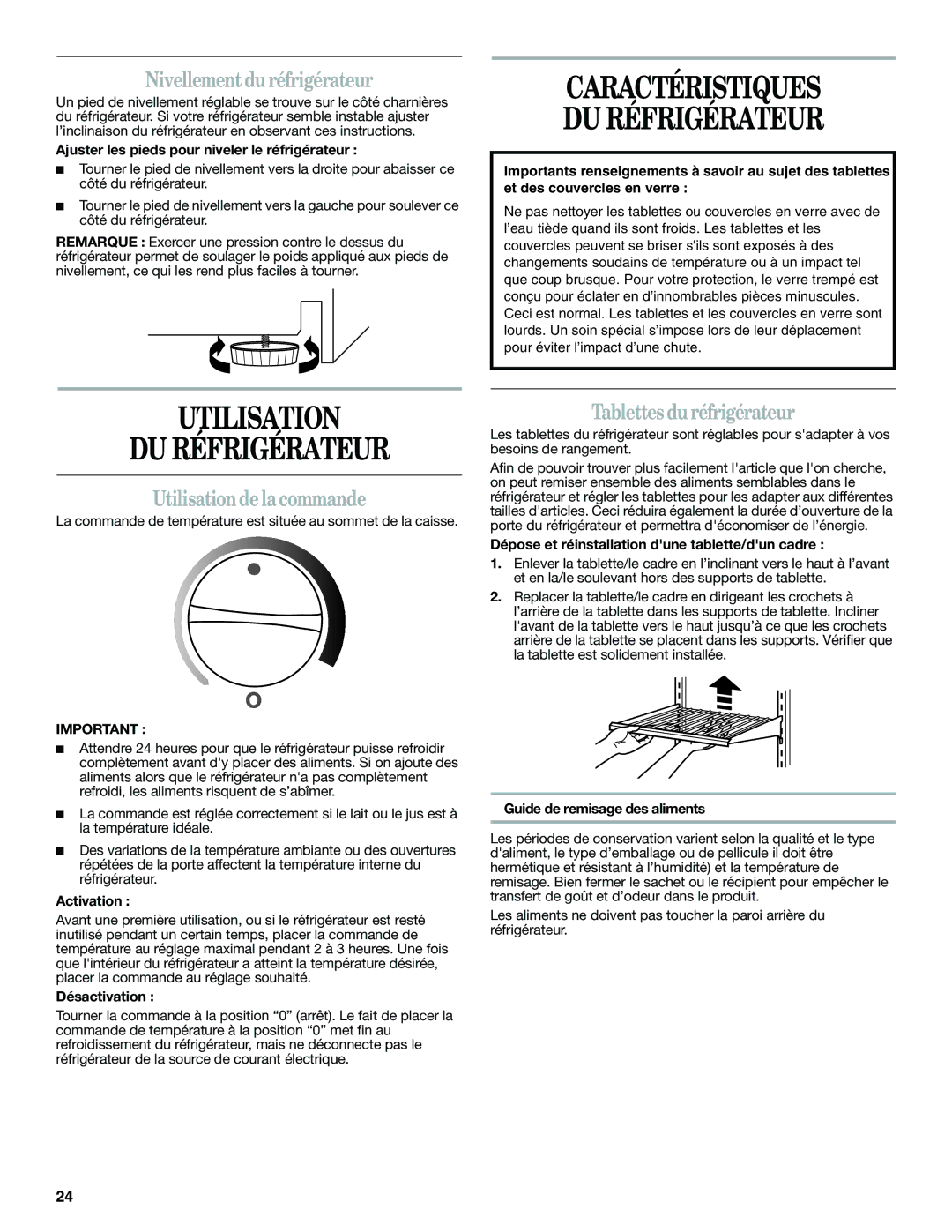 Whirlpool WAR488BSL manual Caractéristiques DU Réfrigérateur, Utilisation DU Réfrigérateur, Nivellement duréfrigérateur 