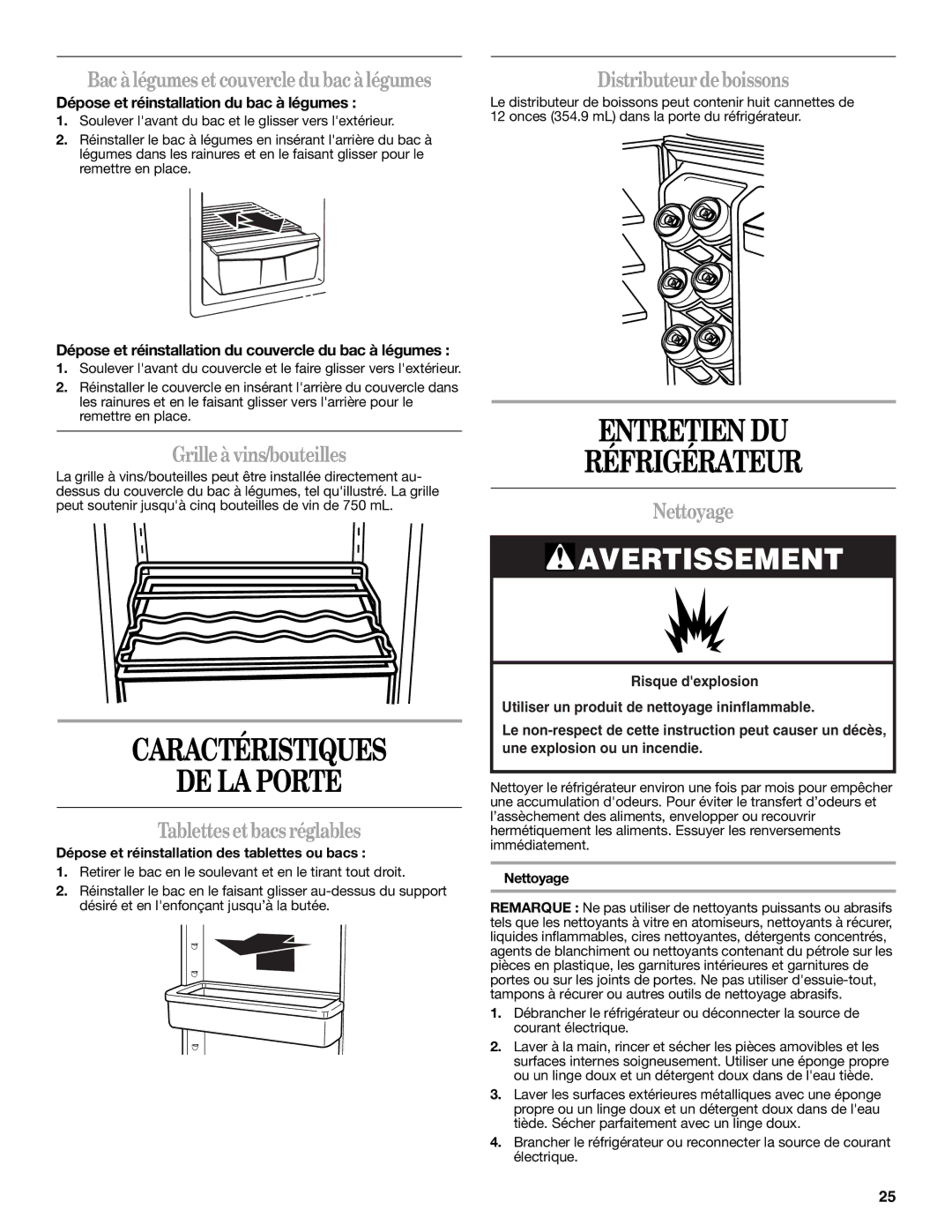 Whirlpool WAR488BSL manual Entretien DU Réfrigérateur, Caractéristiques DE LA Porte 