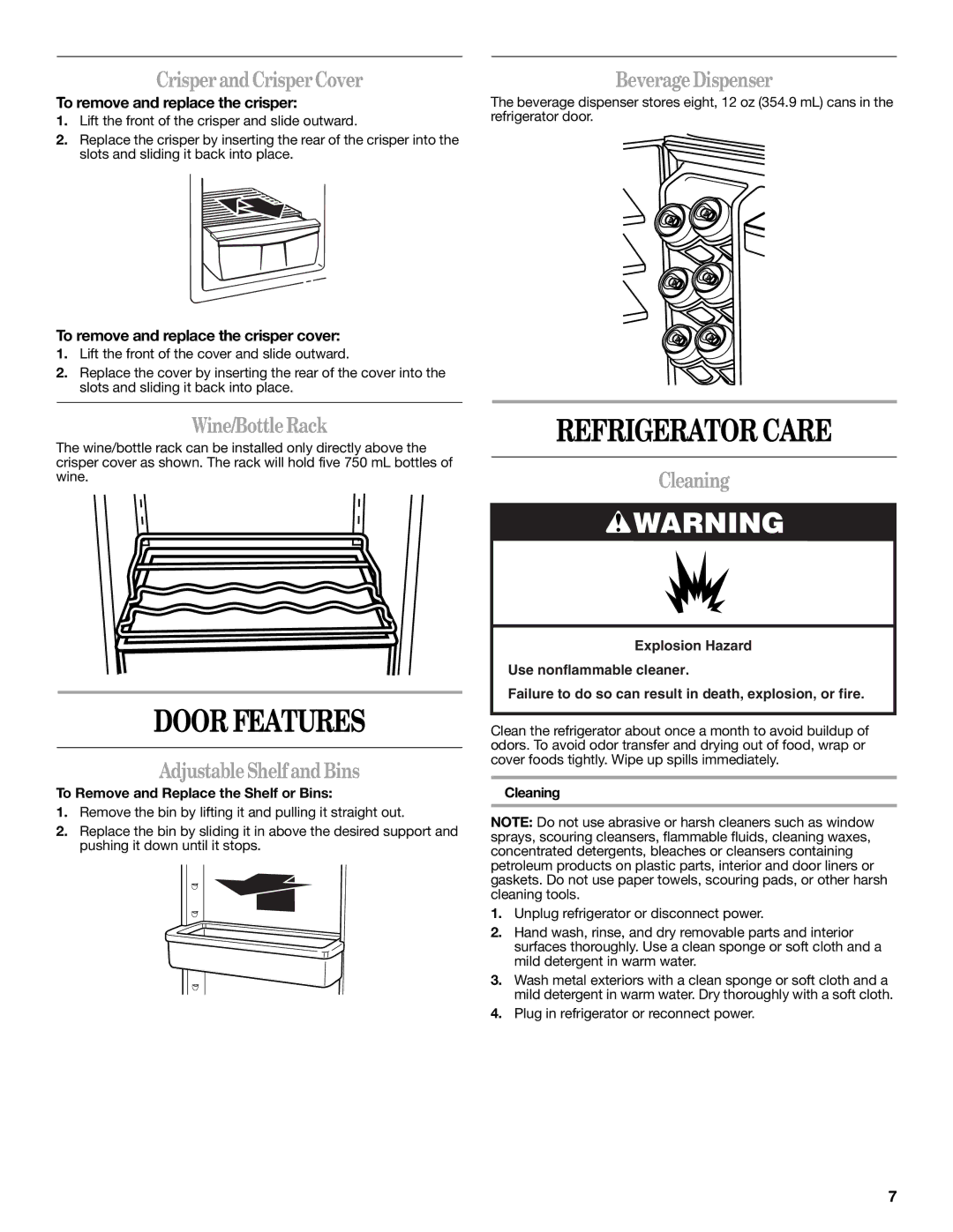 Whirlpool WAR488BSL manual Refrigerator Care, Door Features 