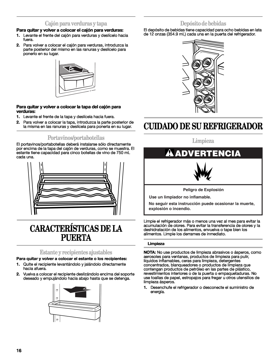 Whirlpool WAR488BSL manual Puerta, Características De La, Cajón para verduras y tapa, Portavinos/portabotellas, Limpieza 
