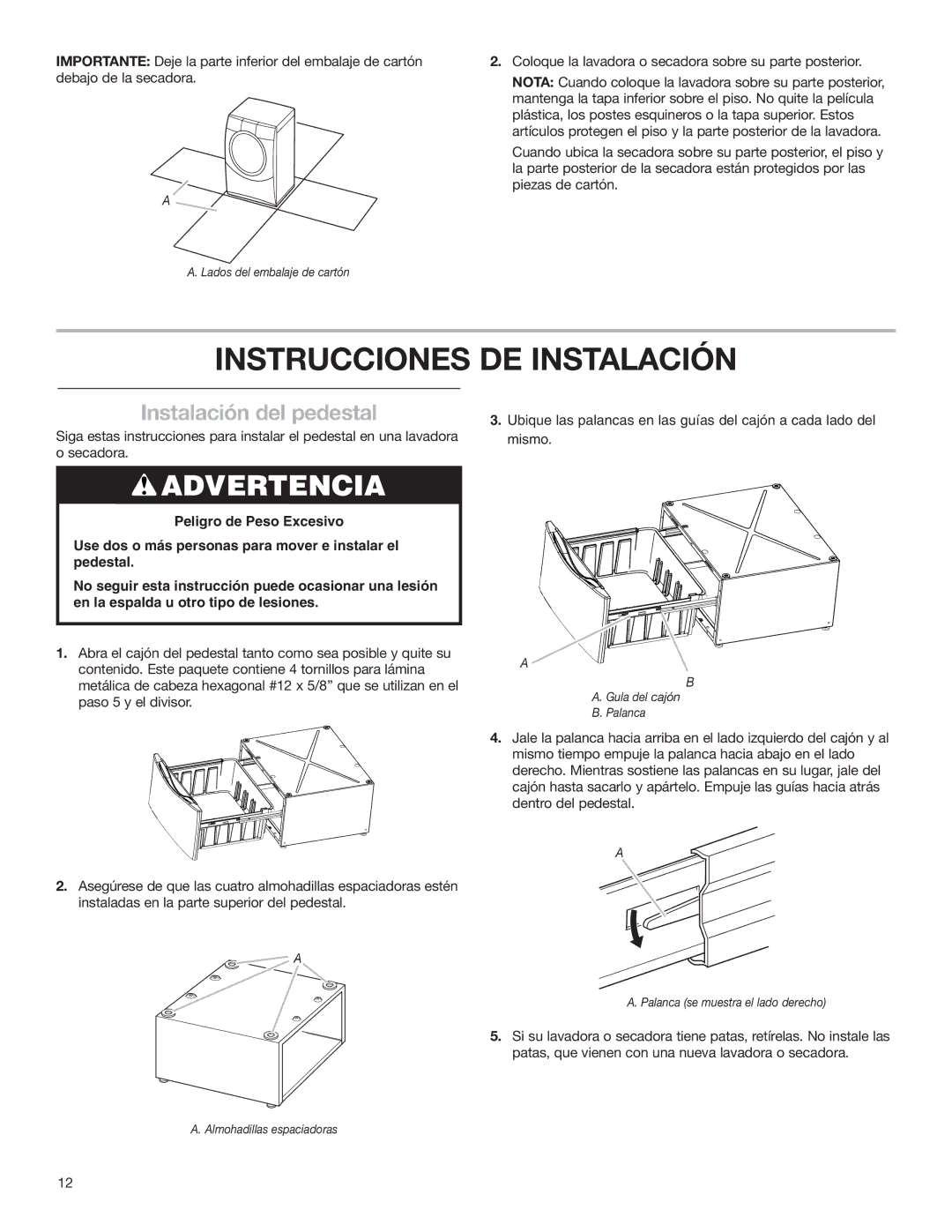 Whirlpool Washer/Dryer Pedestal installation instructions Instrucciones DE Instalación, Instalación del pedestal 