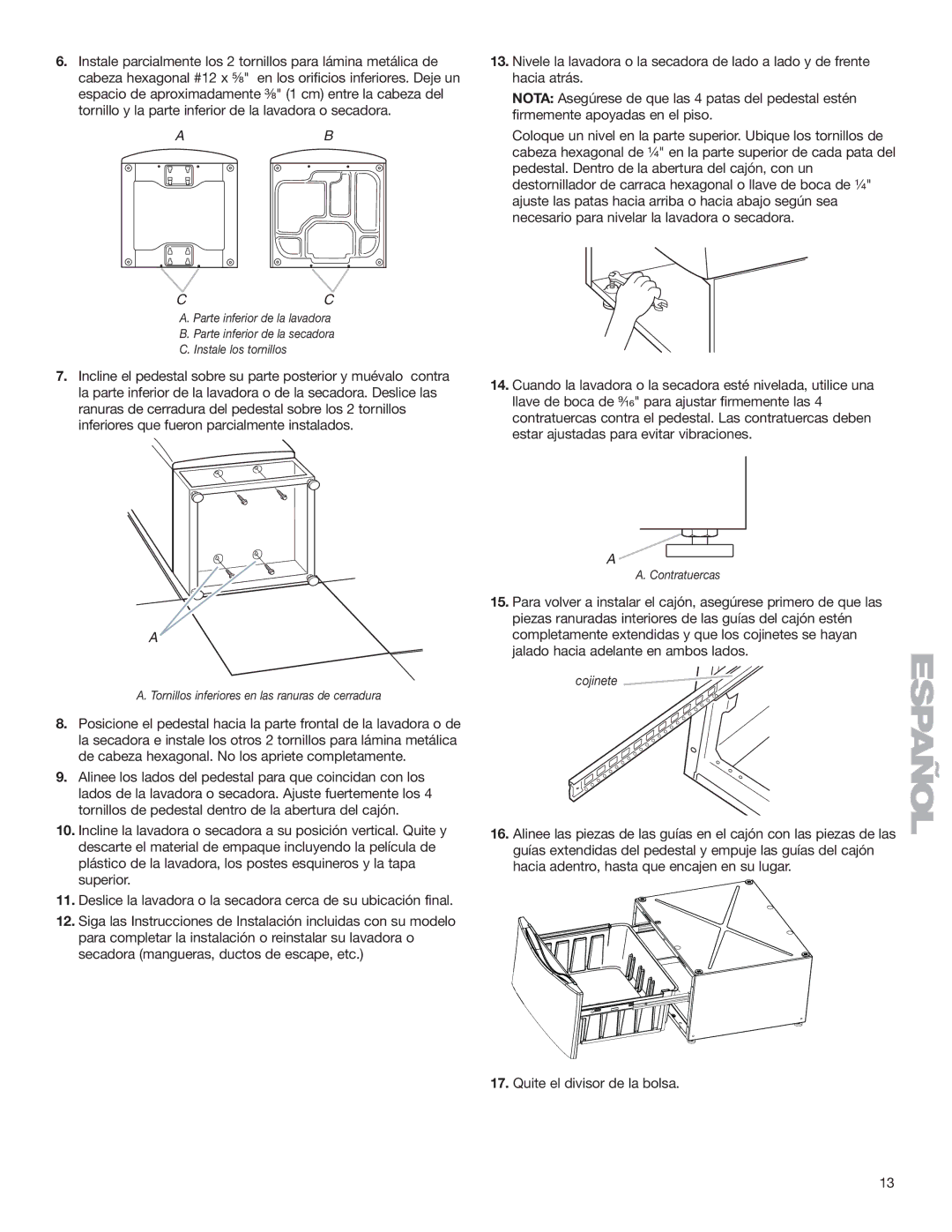 Whirlpool Washer/Dryer Pedestal installation instructions Contratuercas 