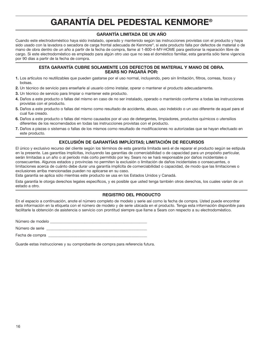 Whirlpool Washer/Dryer Pedestal installation instructions Garantía DEL Pedestal Kenmore, Registro DEL Producto 