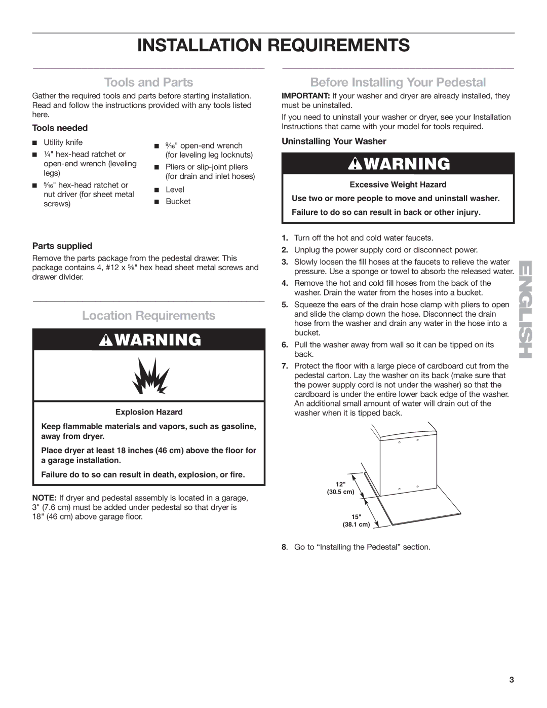 Whirlpool Washer/Dryer Pedestal Installation Requirements, Tools and Parts, Before Installing Your Pedestal 