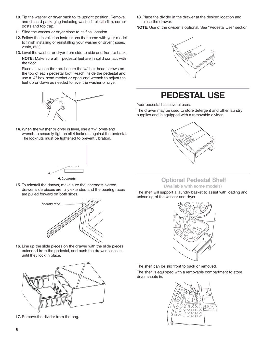 Whirlpool Washer/Dryer Pedestal installation instructions Pedestal USE, Optional Pedestal Shelf 