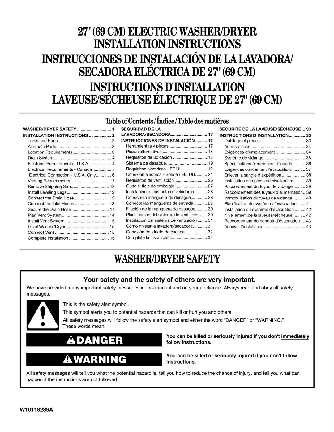 Whirlpool Washer/Dryer installation instructions 27 69 CM Electric WASHER/DRYER Installation Instructions 