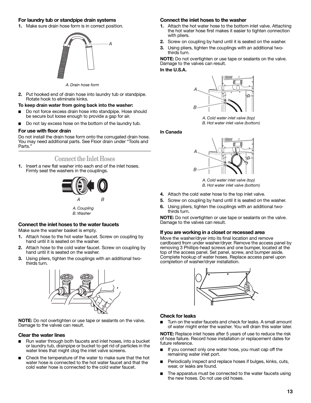 Whirlpool Washer/Dryer installation instructions ConnecttheInletHoses 