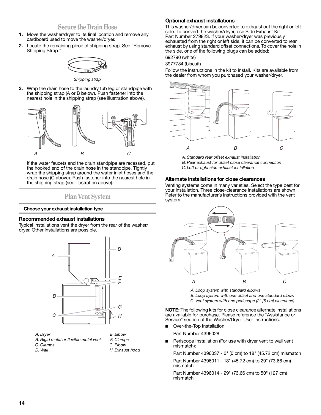 Whirlpool Washer/Dryer installation instructions SecuretheDrainHose, PlanVentSystem, Optional exhaust installations 