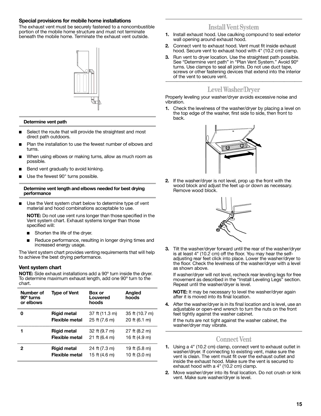 Whirlpool Install VentSystem, Level Washer/Dryer, ConnectVent, Special provisions for mobile home installations 