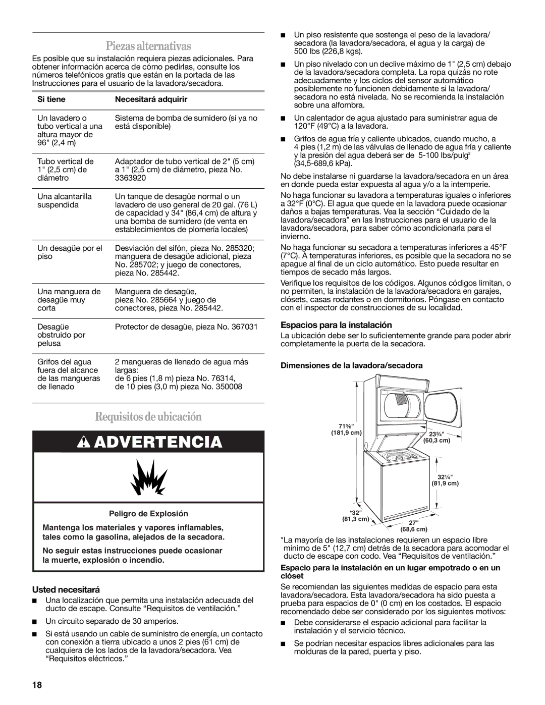 Whirlpool Washer/Dryer Piezas alternativas, Requisitos deubicación, Espacios para la instalación, Usted necesitará 