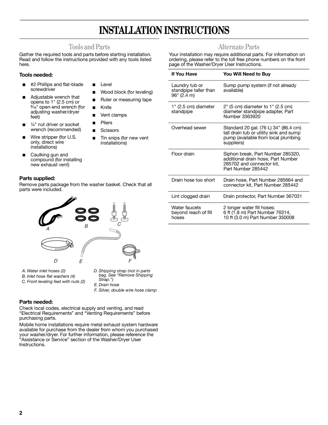 Whirlpool Washer/Dryer installation instructions ToolsandParts, AlternateParts, Tools needed, Parts supplied, Parts needed 