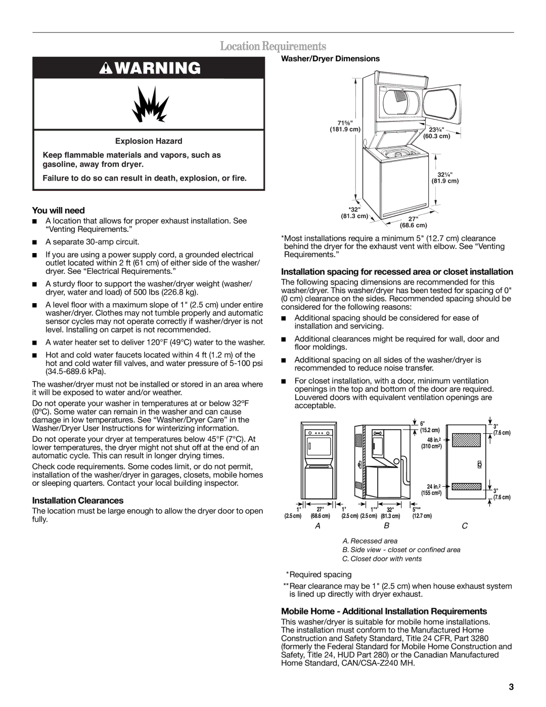 Whirlpool LocationRequirements, You will need, Installation Clearances, Washer/Dryer Dimensions 