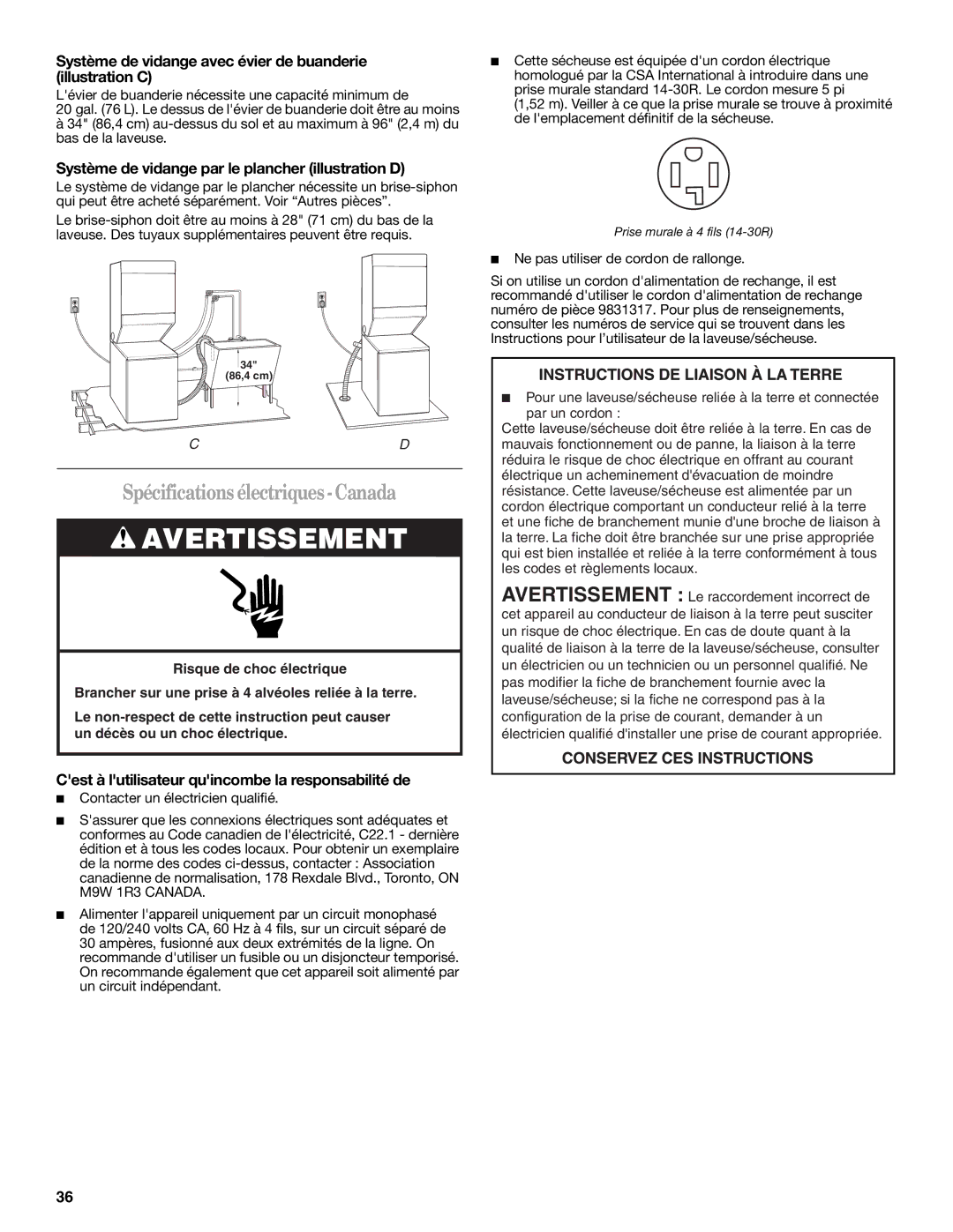 Whirlpool Washer/Dryer Spécifications électriques-Canada, Système de vidange avec évier de buanderie illustration C 