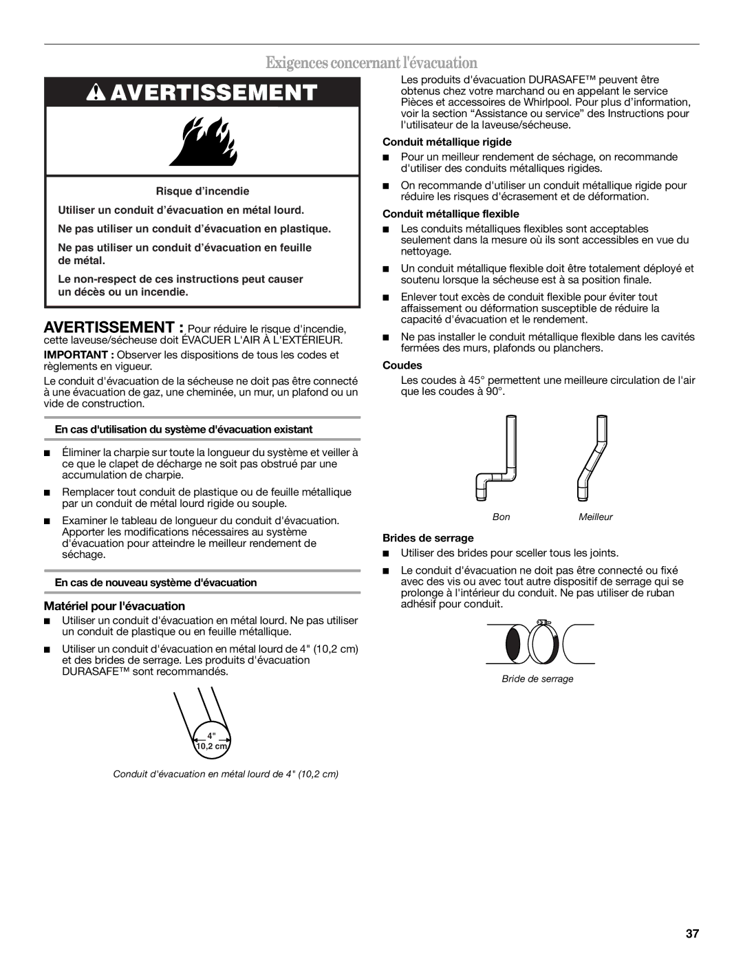 Whirlpool Washer/Dryer installation instructions Exigences concernantlévacuation, Matériel pour lévacuation 