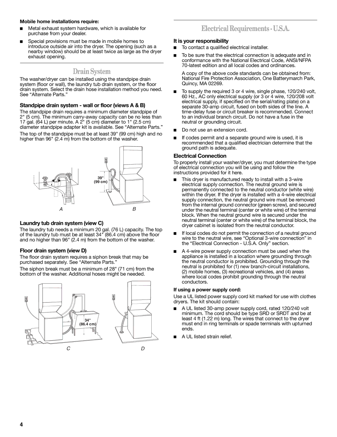 Whirlpool Washer/Dryer installation instructions DrainSystem, ElectricalRequirements-U.S.A 