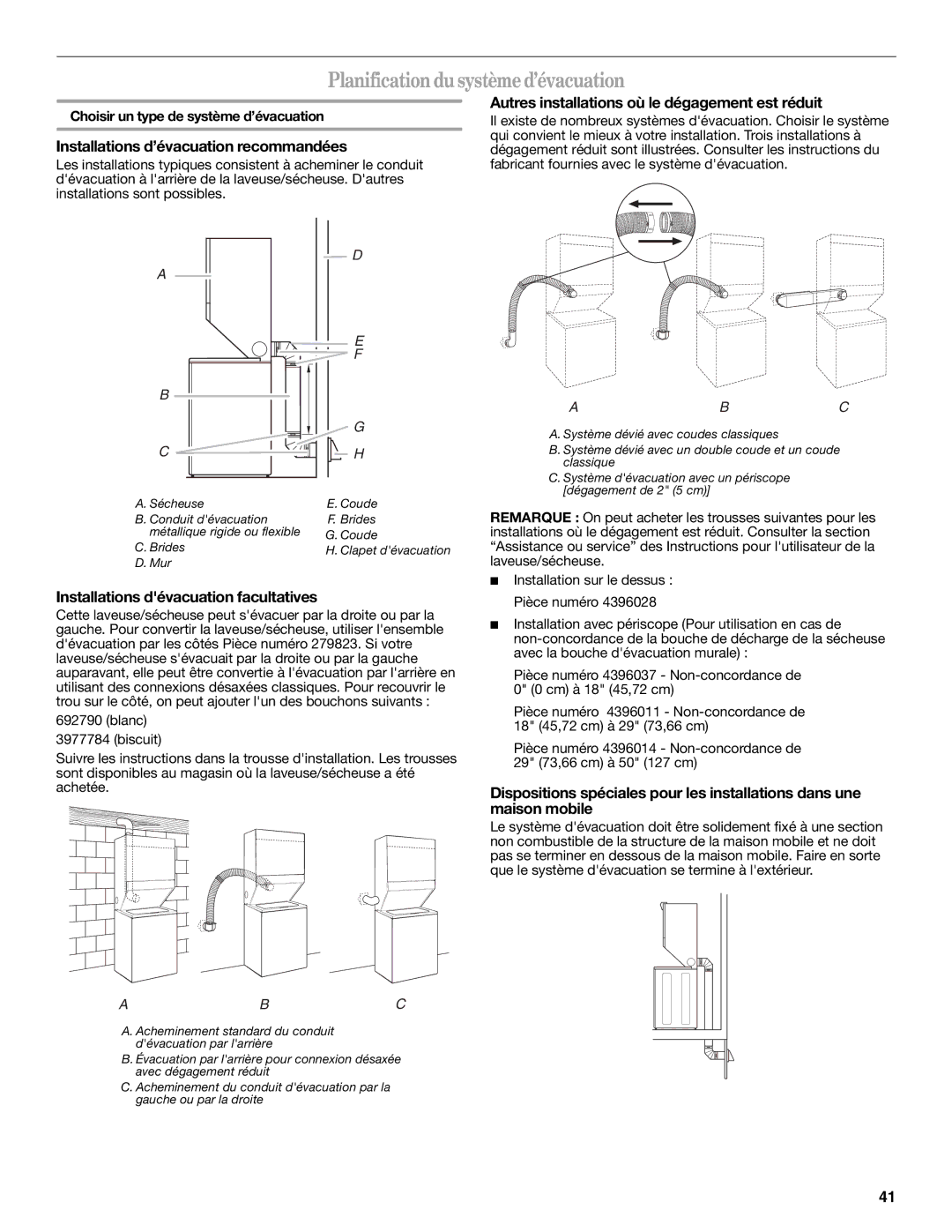 Whirlpool Washer/Dryer Planificationdusystèmed’évacuation, Installations d’évacuation recommandées 