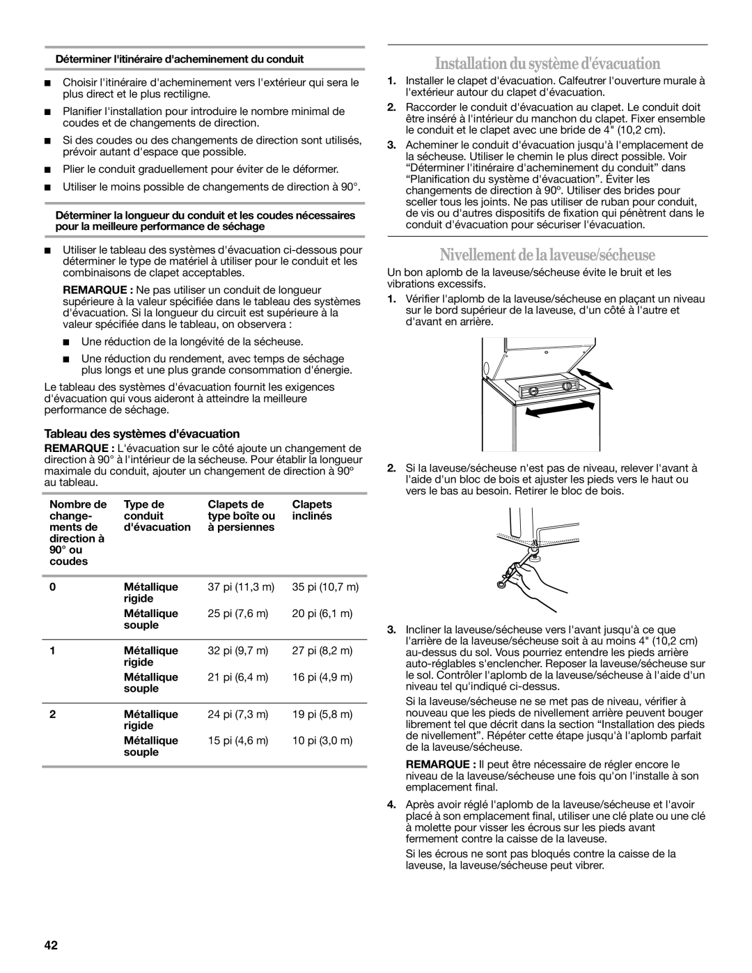 Whirlpool Washer/Dryer installation instructions Installationdu systèmedévacuation, Nivellementdelalaveuse/sécheuse 