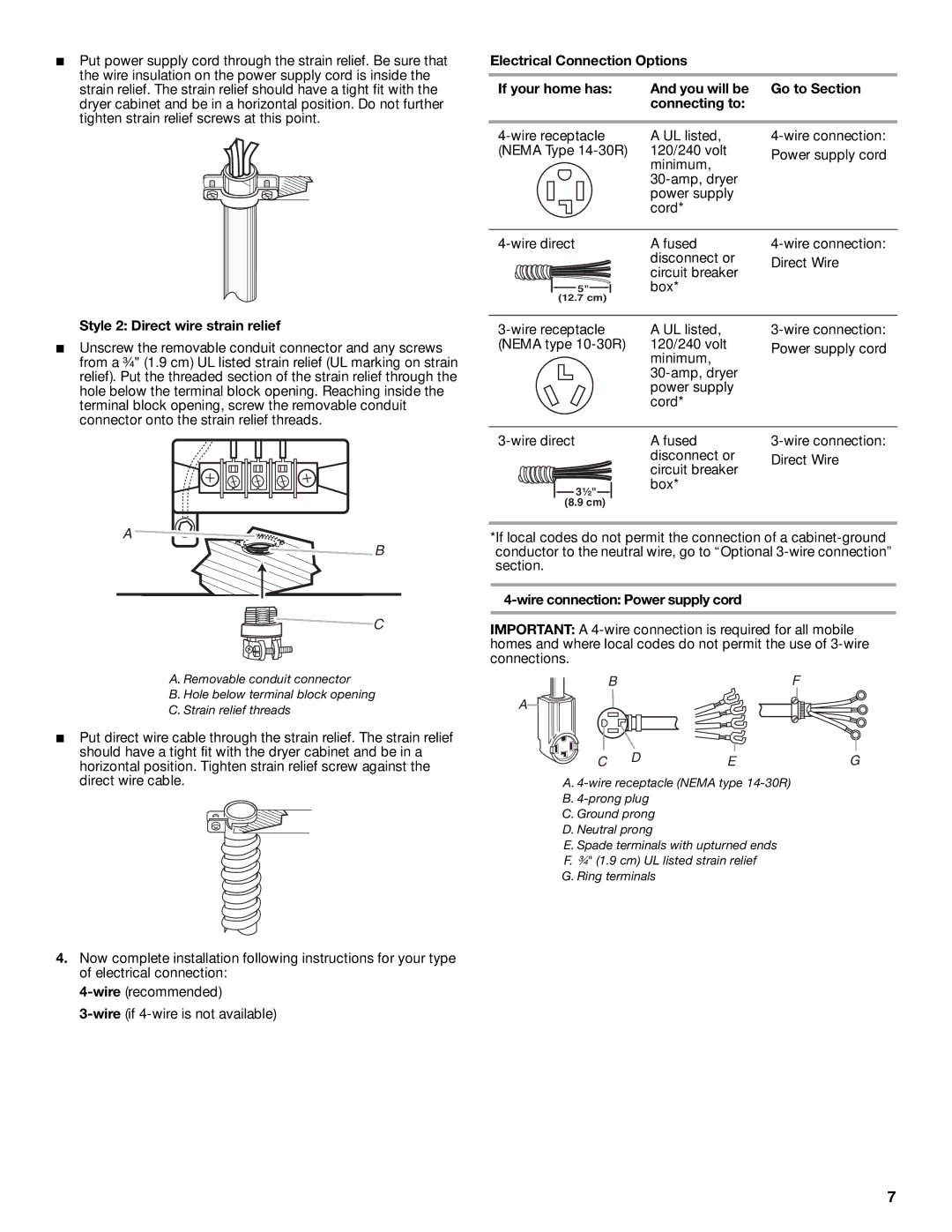 Whirlpool Washer/Dryer installation instructions Style 2 Direct wire strain relief, Wire connection Power supply cord 