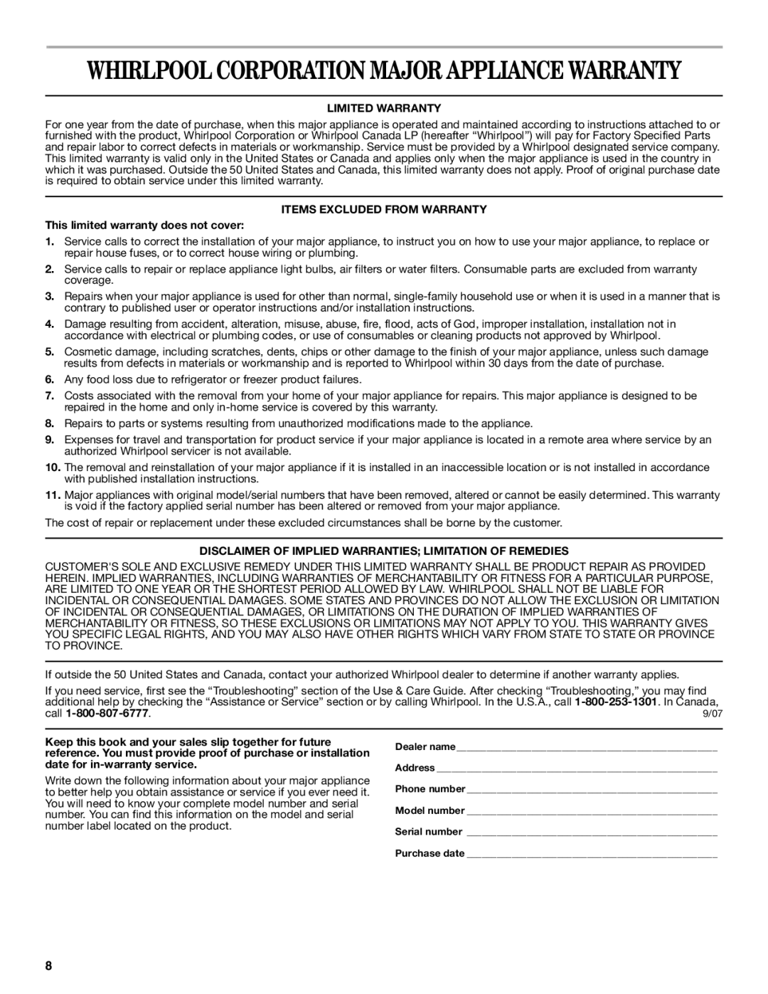 Whirlpool WCC31430AR, WCC31430AW manual Limited Warranty, Items Excluded from Warranty, This limited warranty does not cover 