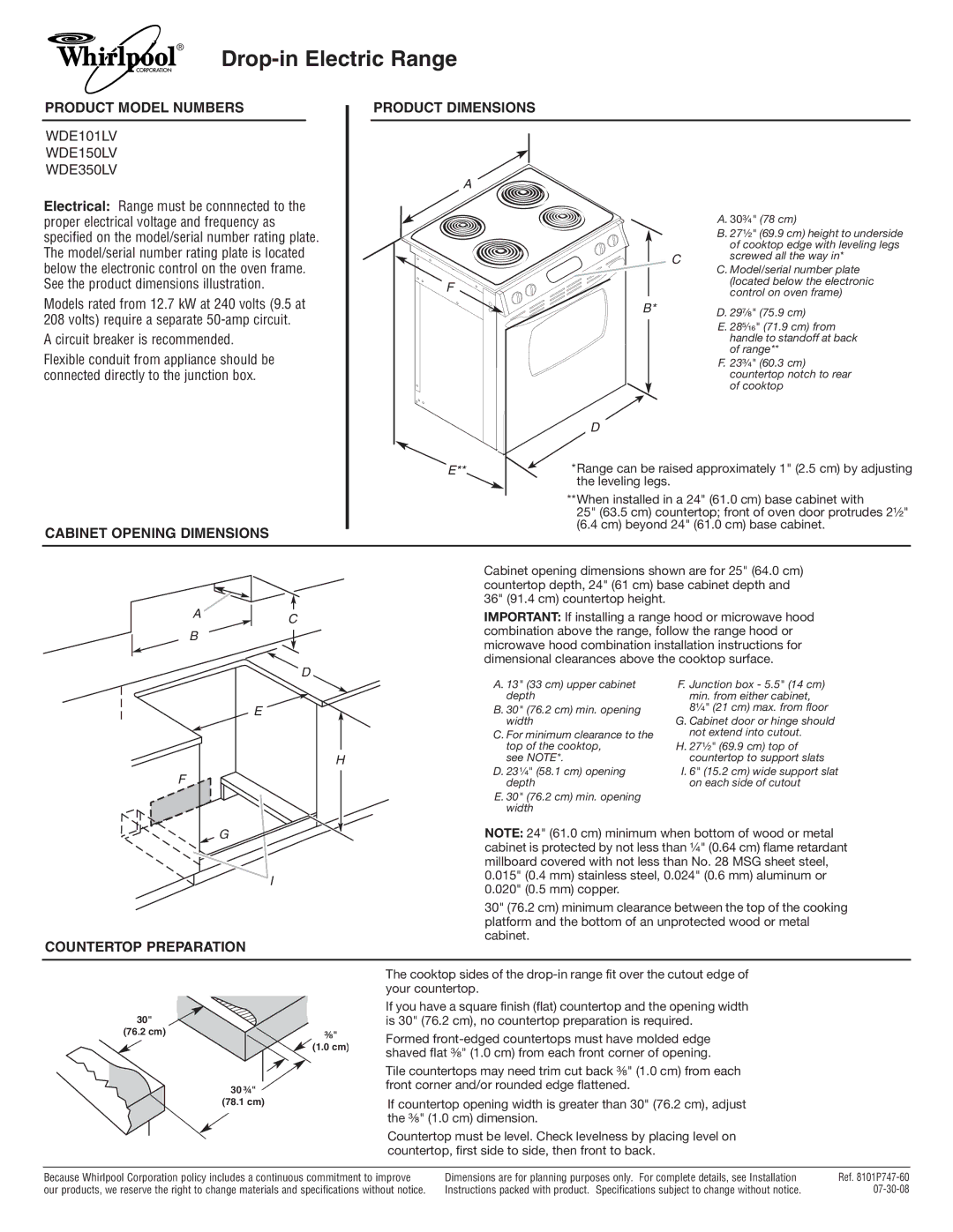 Whirlpool dimensions Drop-in Electric Range, Product Model Numbers, WDE101LV WDE150LV WDE350LV, Countertop Preparation 