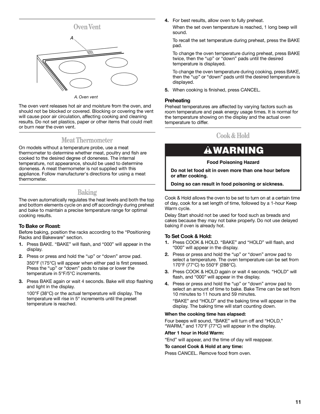 Whirlpool WDE150LVB, WDE150LVQ manual OvenVent, MeatThermometer, Baking, Cook&Hold 