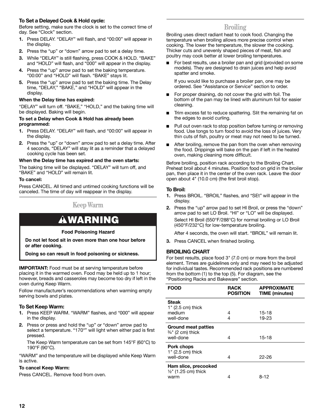 Whirlpool WDE150LVQ, WDE150LVB manual KeepWarm, Broiling Chart 