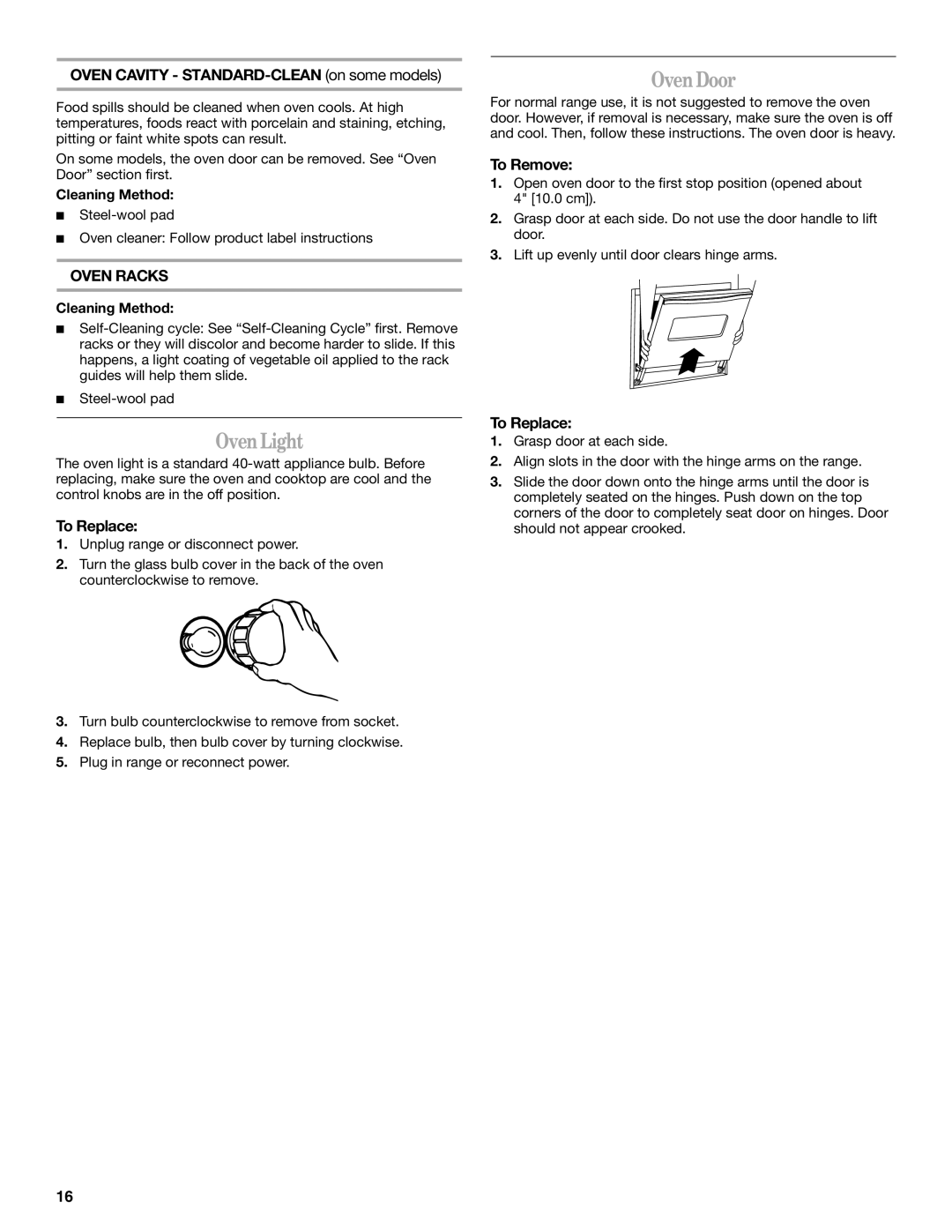 Whirlpool WDE150LVQ, WDE150LVB manual OvenLight, OvenDoor, Oven Cavity STANDARD-CLEAN on some models, Oven Racks 