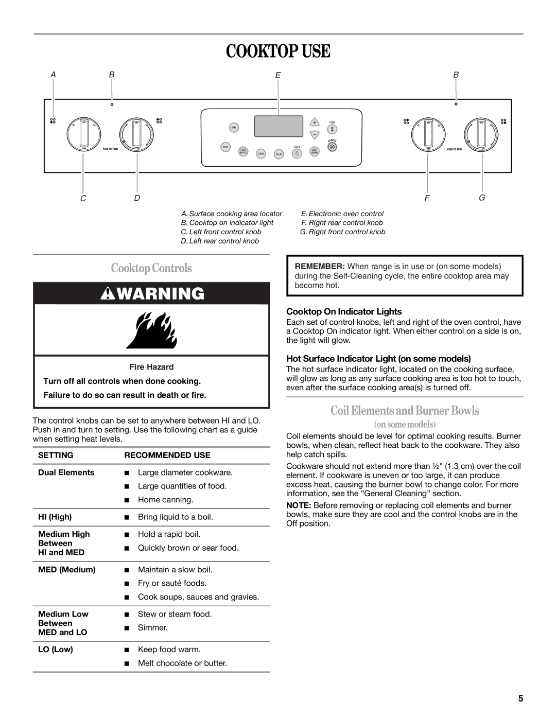 Whirlpool WDE150LVB, WDE150LVQ Cooktop USE, CooktopControls, Coil ElementsandBurner Bowls, Cooktop On Indicator Lights 