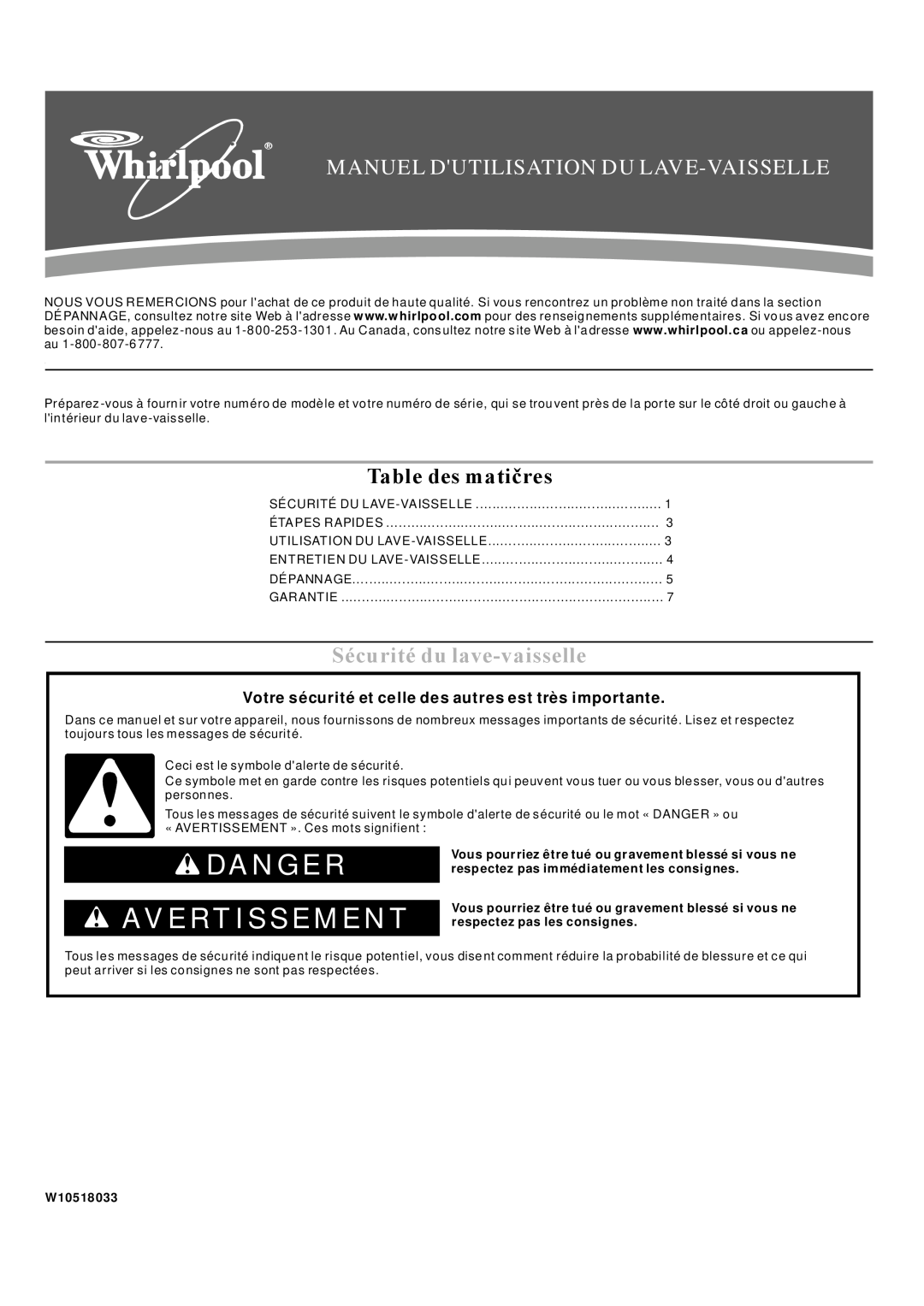 Whirlpool WDF550SAAW Danger Avertissement, Sécurité du lave-vaisselle, Manuel Dutilisation Du Lave-Vaisselle, W10518033 