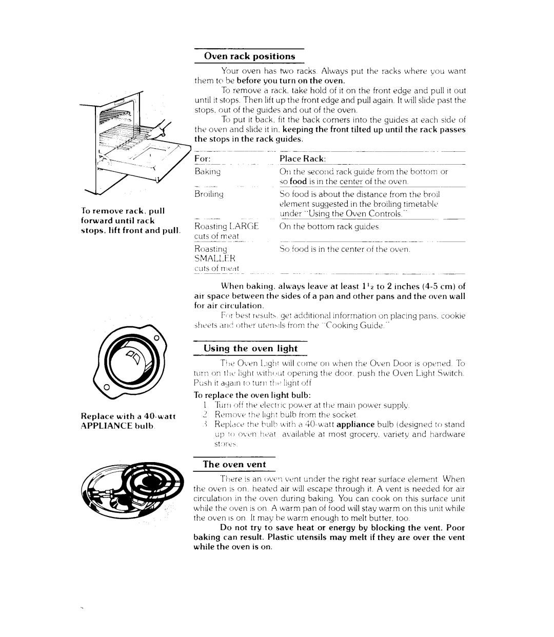 Whirlpool WE-345P manual Oven rack positions, Using the oven light, Oven vent 