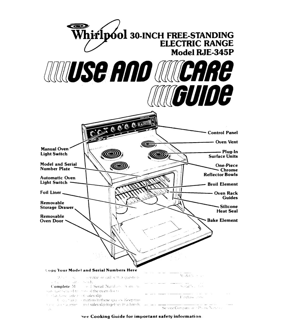 Whirlpool manual FREE-STANDINGELECTRIC RANGE Model WE-345P, Manual Oven Light Switch, Model and Serial Number Plate 