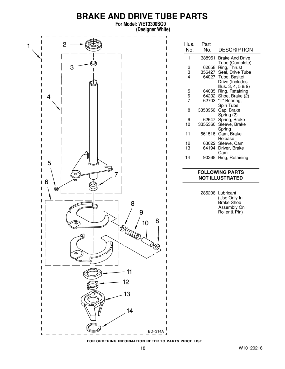 Whirlpool WET3300SQ0 installation instructions Brake and Drive Tube Parts 