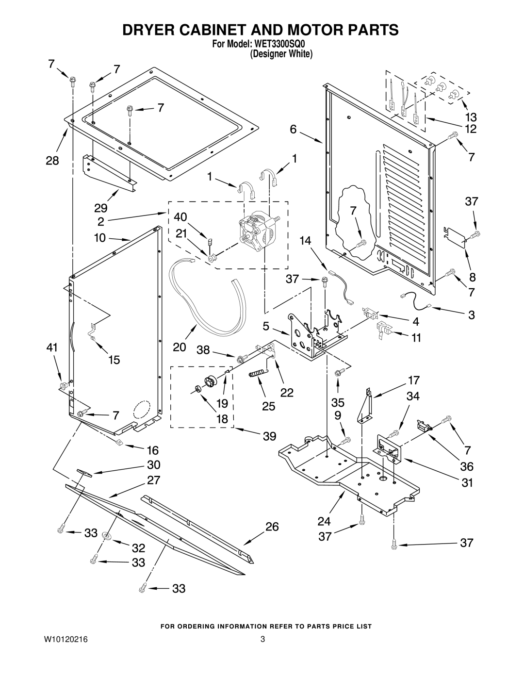 Whirlpool WET3300SQ0 installation instructions Dryer Cabinet and Motor Parts 