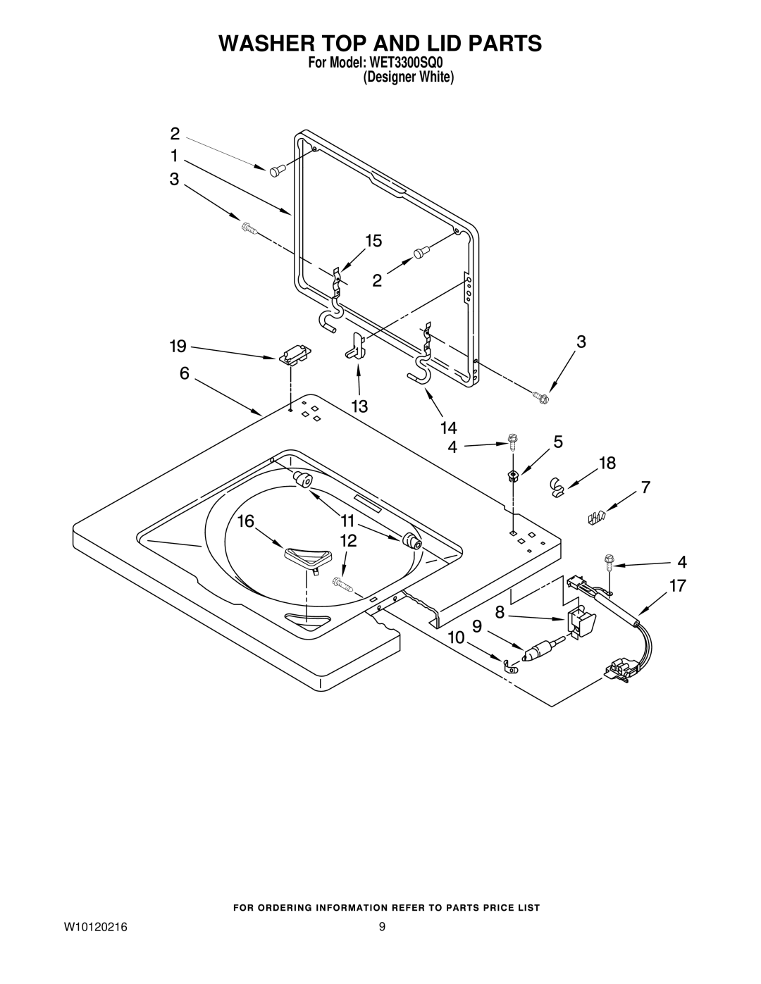 Whirlpool WET3300SQ0 installation instructions Washer TOP and LID Parts 