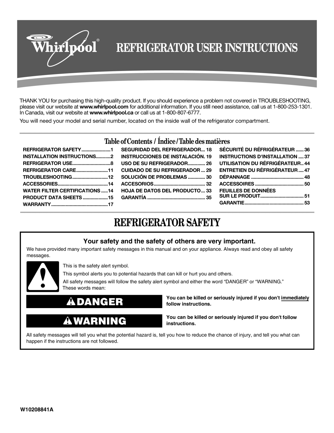 Whirlpool WF-NL120V, WF-L200V installation instructions Refrigerator User Instructions, Refrigerator Safety 